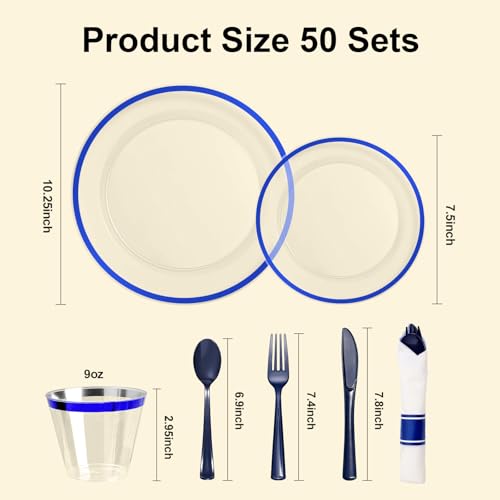 Blue Disposable Plastic Plate Set for 50 Guests - 350 Pieces
