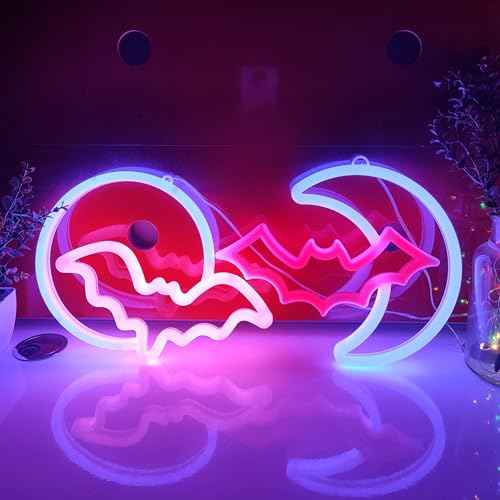 JYWJ Double Sided Neon Signs,USB or 3-AA Battery Powered Neon Light,LED Desktop Wall Decoration,Various Parties,Decoration Of Business Premises(Moon Bat)