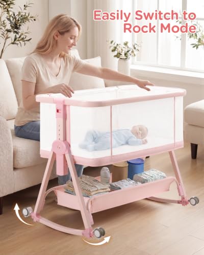 Baby Bedside Sleeper Bassinet with Storage Basket & Wheels - Pink - Variation of THIS listing