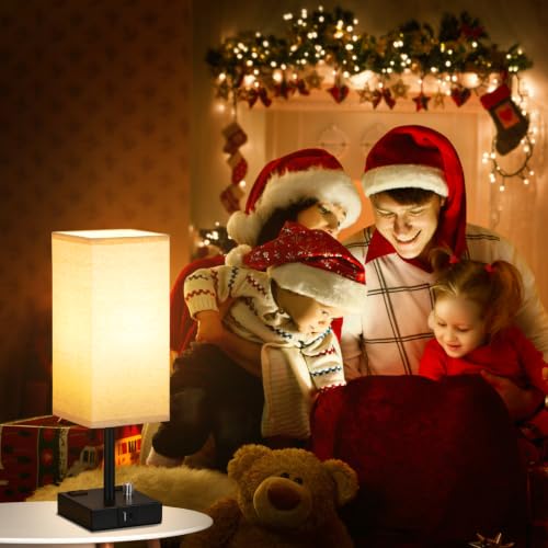 Aooshine Beige 14in Bedside Table Lamps Set of 2 with Dimmable USB-C+A Outlets