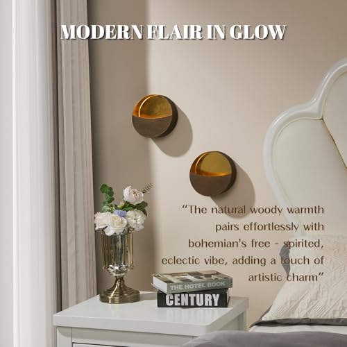 Batoslee Eclipse Wall Candle Sconce Set of 2 – Brushed Woodgrain with Gold Interior