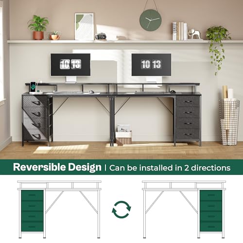 47 Inch Computer Desk with LED Lights & Power Outlets - Black, Reversible Drawers, Monitor Stand, Gaming & Office Use