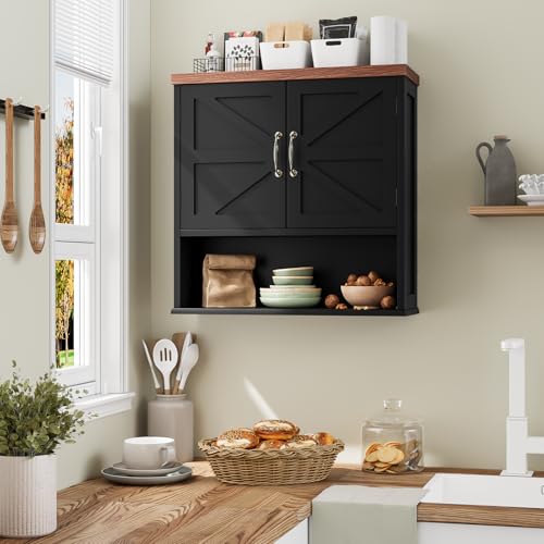 Smuxee Black Farmhouse Wall Mounted Bathroom Cabinet with Adjustable Shelves