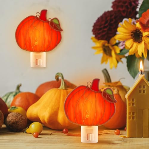 Baquler 2 Pack Stained Glass Pumpkin Night Lights - Plug-in Wall Decor - Thanksgiving Halloween