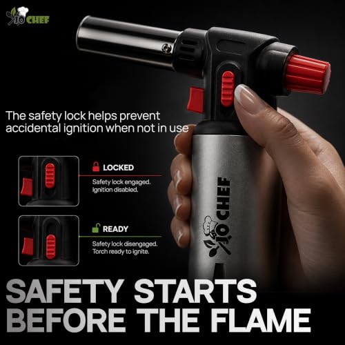 Jo Chef Refillable Kitchen Torch with 2 Butane Cans & Accessories - Silver/Black