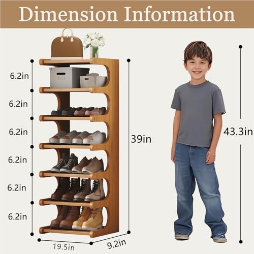 Brown 7-Tier Vertical Shoe Rack - Space-Saving Bamboo Shoe Organizer