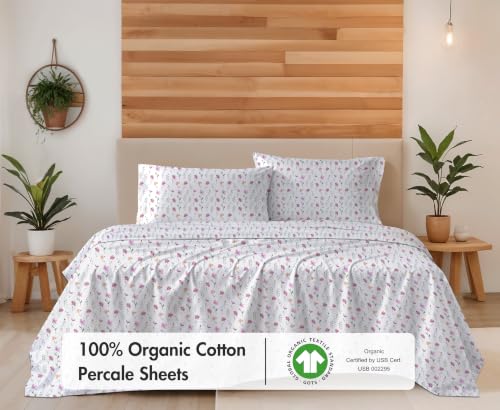 RUVANTI Organic Cotton Queen Bed Sheet Set Obsessed Stems Percale Weave - Breathable & Cooling