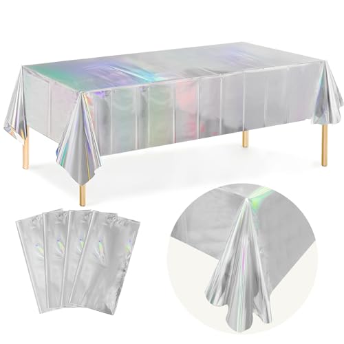 JINSUI Iridescent Tablecloth Party Decorations 4 Pack, 54" X 108" Plastic Tablecloths Disposable for Birthday Disco, Silver Laser Rectangle Table Covers for Bachelorette Bridal Wedding Decor