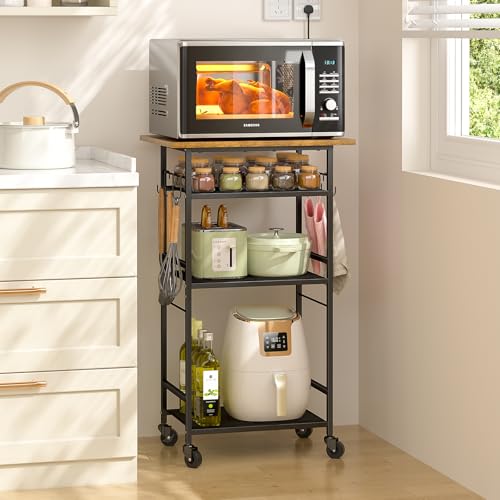 Brown 4-Tier Kitchen Microwave Cart on Wheels with Storage and Hooks