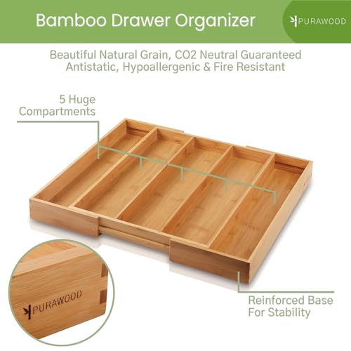 Natural 9-Slot Expandable Bamboo Kitchen Drawer Organizer - Cutlery & Flatware Tray
