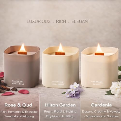 Scented Soy Candle Gift Set with Crackling Wood Wicks - Gardenia, Hilton Garden & Rose Oud - 3 x 9.8oz