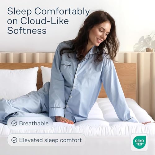 White Queen Mattress Pad with Pillow Top - 100% Cotton, Deep Pocket, Ultra-Soft Sleep Enhancer