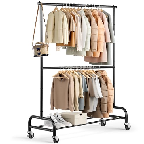 Heavy Duty Clothing Rack with Wheels - Adjustable Double Garment Rack, Black - 77.5" Tall, Supports 150 lbs