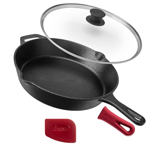 Cuisinel 12-Inch Cast Iron Skillet with Lid - Pre-Seasoned Frying Pan & Glass Cover