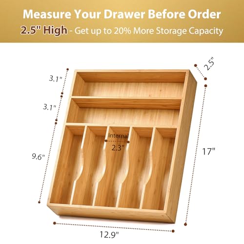 17-Inch Bamboo Drawer Organizer with 7 Slots - Extra Deep Utensil Tray for Flatware & Knives