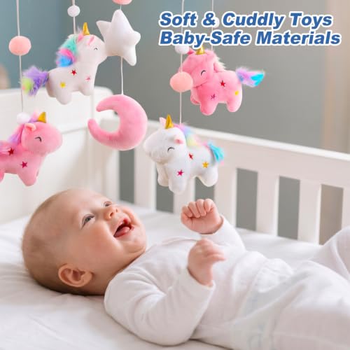 Pink & White Unicorn Baby Crib Mobile with Music Box - 100+ Lullabies & Starry Sky Projection