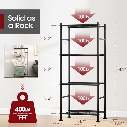 Sakugi Heavy Duty 4-Tier Metal Storage Shelves - Garage, Pantry & Closet Organizer, Black, 18.4W x 12.6D x 44.2H