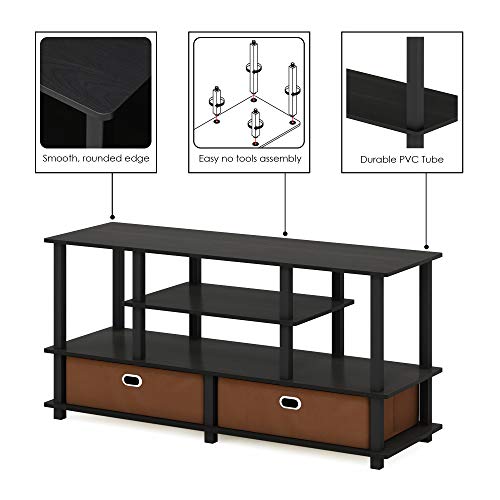 Furinno Jaya Black Espresso Toolless TV Stand for 55 Inch TVs, 4-Tier Media Console with 2 Fabric Bins