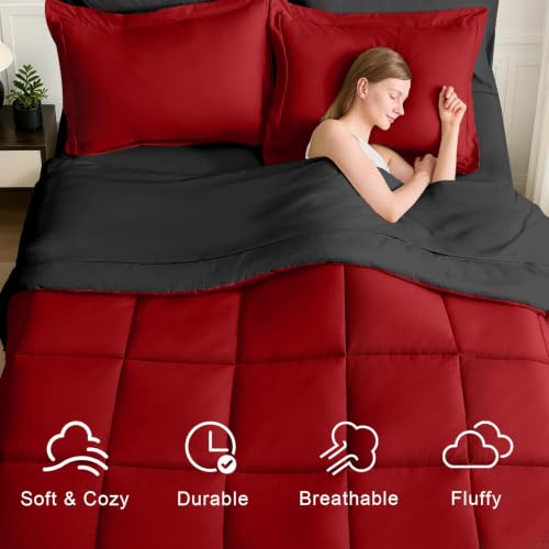 FUANNA Reversible King Size Comforter Set 7 Pieces - Red & Black