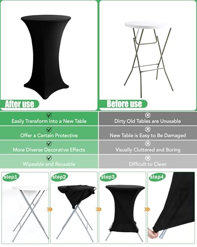 KeyWave Spandex Cocktail Table Covers, 32x43 Inch, Black, 8 Pack