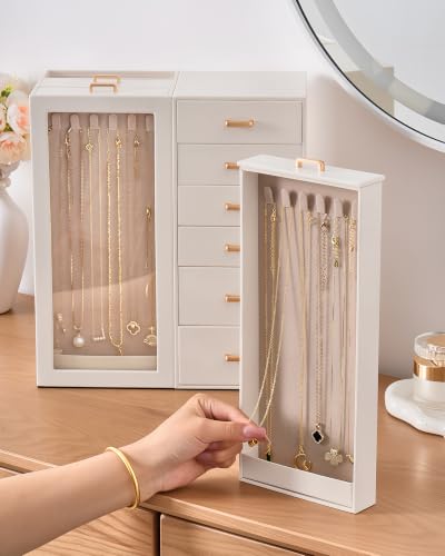 Lolalet Medium Beige Jewelry Box Organizer for Women - Holds 18 Necklaces & More