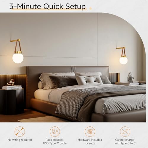 Vokmon Battery-Operated Wall Sconce Set of 2 Modern Milk Glass Globe Lights