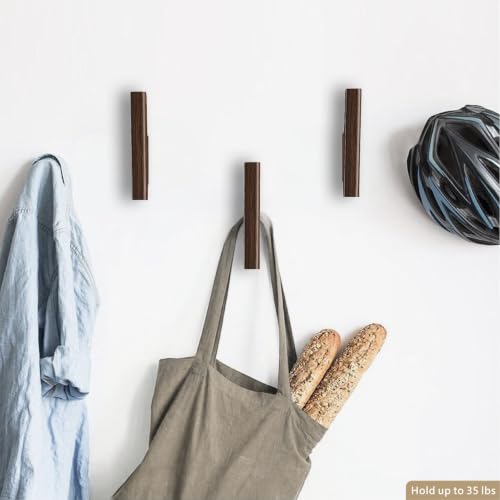 FCOWK Walnut Wooden Wall Hooks 4-Pack - Heavy Duty Coat & Towel Hooks for Bathroom & Home