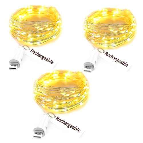 Fairy Lights USB Rechargeable Battery Operated, 7ft 20 LED String Lights Indoor for Bedroom Mason Jars Wedding Table Centerpieces Decorations Christmas Party Decor(Warm, 3 Pack)