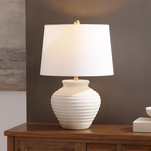 Ledger Table Lamp - 22.5 Inch Coastal Bone Ceramic & Fabric Bedside Light