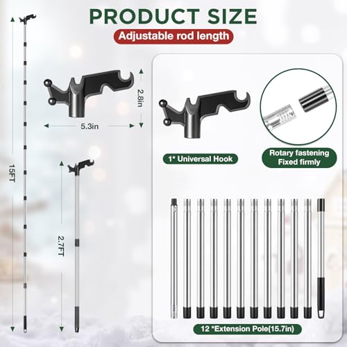 Nigelia 15ft Christmas Light Hanging Pole with Utility Hook - Adjustable Extension for Outdoor String Lights
