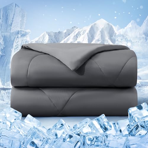 Bedsmile Queen Size Cooling Comforter Dark Gray 90x90 Inches - Breathable Ice Bed Blanket for Hot Sleepers