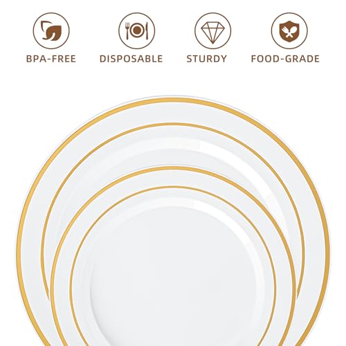 White Disposable Plates with Gold Rim - 200 Pack, Elegant Party Tableware
