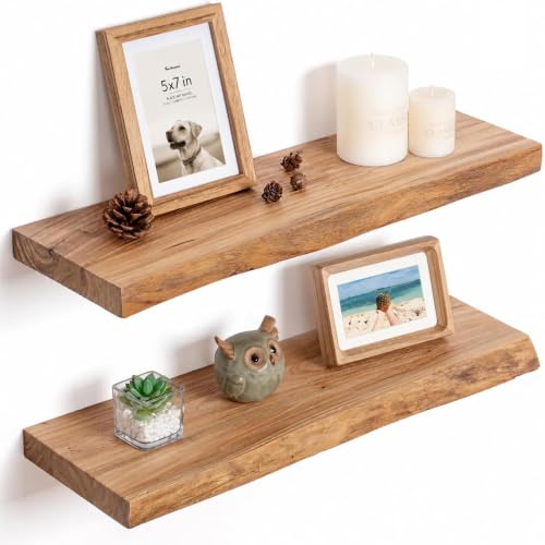Floating Wall Shelves Set of 2 - Natural Elm Live Edge 24x9.3in - Heavy Duty Wall Mounts