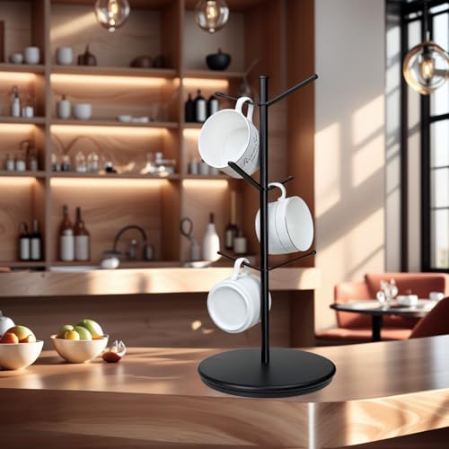 ZOMETUO 360° Rotating Mug Tree with 6 Hooks, Bamboo Base – Black
