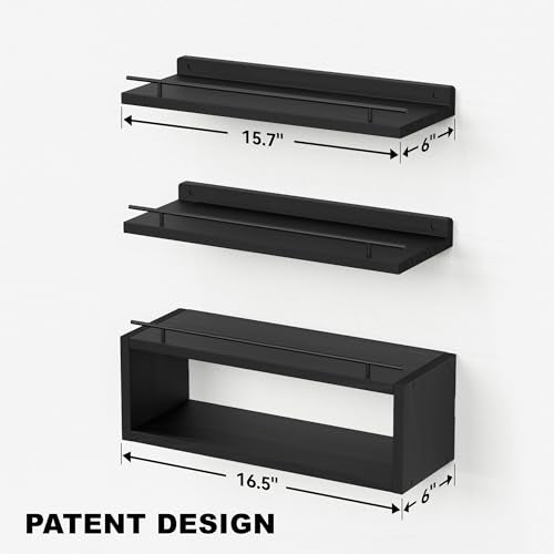 WOPITUES Black Floating Wall Shelves with Cube Shelf and Metal Rail - Over Toilet Bathroom Storage 15.7 inch