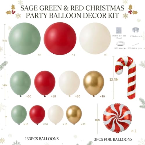 Jenlion 136Pcs Christmas Balloon Arch Kit with Large Mylar Foil Balloons - Red, Sage Green, White