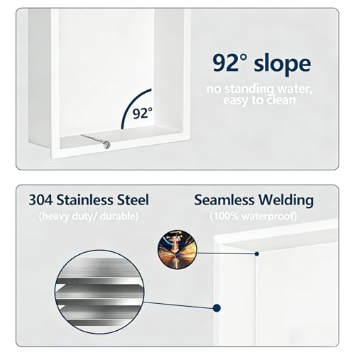 24x12 Inch Stainless Steel Recessed Shower Niche with Shelf - White / 24H×12W