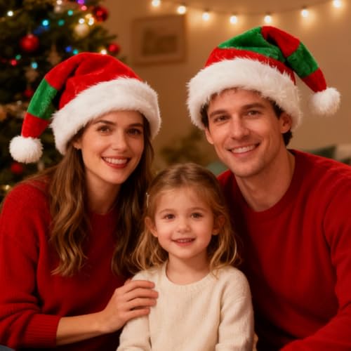 Christmas Elf Hat for Adults - Red & Green Plush Santa Hat for Holiday Parties