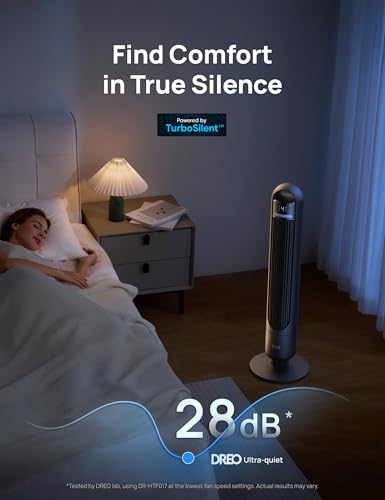 DREO Black Tower Fan for Bedroom & Room Cooling, 4 Speeds, 90° Oscillation, Remote & App Control