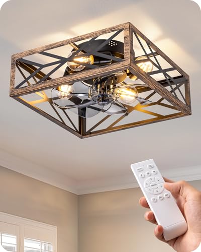 EDISHINE 20-Inch Rustic Cage Ceiling Fan with Lights and Remote - Gold