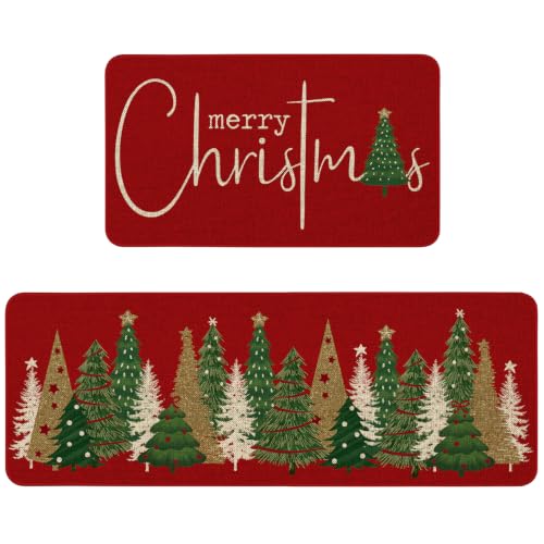 Christmas Tree Kitchen Mat Set of 2, Red - Non-Slip Linen Rugs for Indoor/Outdoor, 17x47 Runner + 17x30 Door Mat (Variation: Christmas Tree-red)