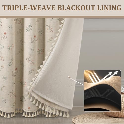 Blackout Floral Curtains - Linen Texture, 84 Inch, 2 Panels - Vintage Boho Farmhouse Style