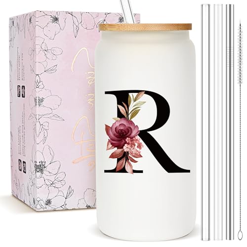 Personalized Monogram Frosted Glass Tumbler with Straw & Lid - Initial R, Custom Coffee Cup Gift for Women