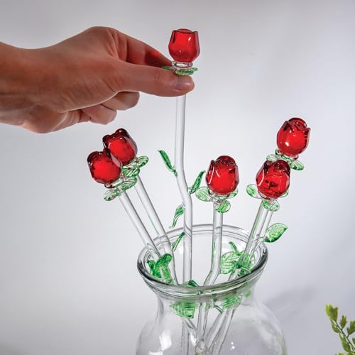 12 Pack Red Roses Crystal Figurines - Handmade Long Stem Gift Set