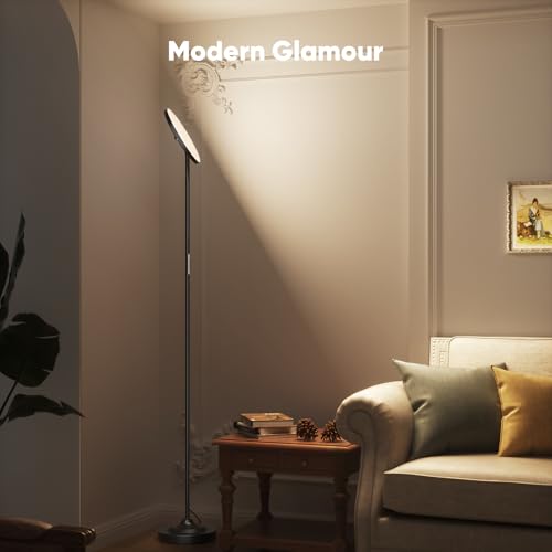Black LED Floor Lamp 36W Dimmable Standing Torchiere with Remote, 350° Rotating Head for Living Room & Bedroom