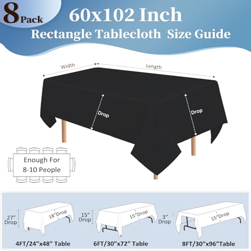Peppily 8 Pack Black 60 x 102 Inch Rectangular Tablecloths for 6 Foot Tables