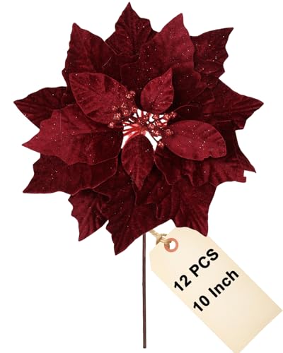 10 Inch Red Poinsettia Christmas Flowers 12pcs with Stems for Tree Wreath Decor - Vensovo