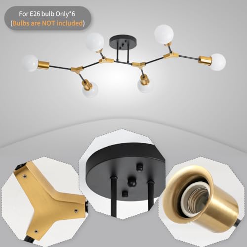 Gold and Black Sputnik Semi Flush Ceiling Light Fixture - 6 Light Variation