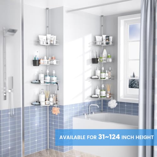 Aitatty Chrome Adjustable Shower Caddy Tension Pole Rustproof Corner Bathroom Shelves