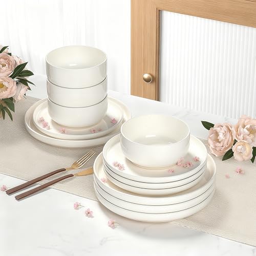 Dinnerware Set for 4 - 12 Pieces Plates and Bowls - Lead-Free & Dishwasher Safe